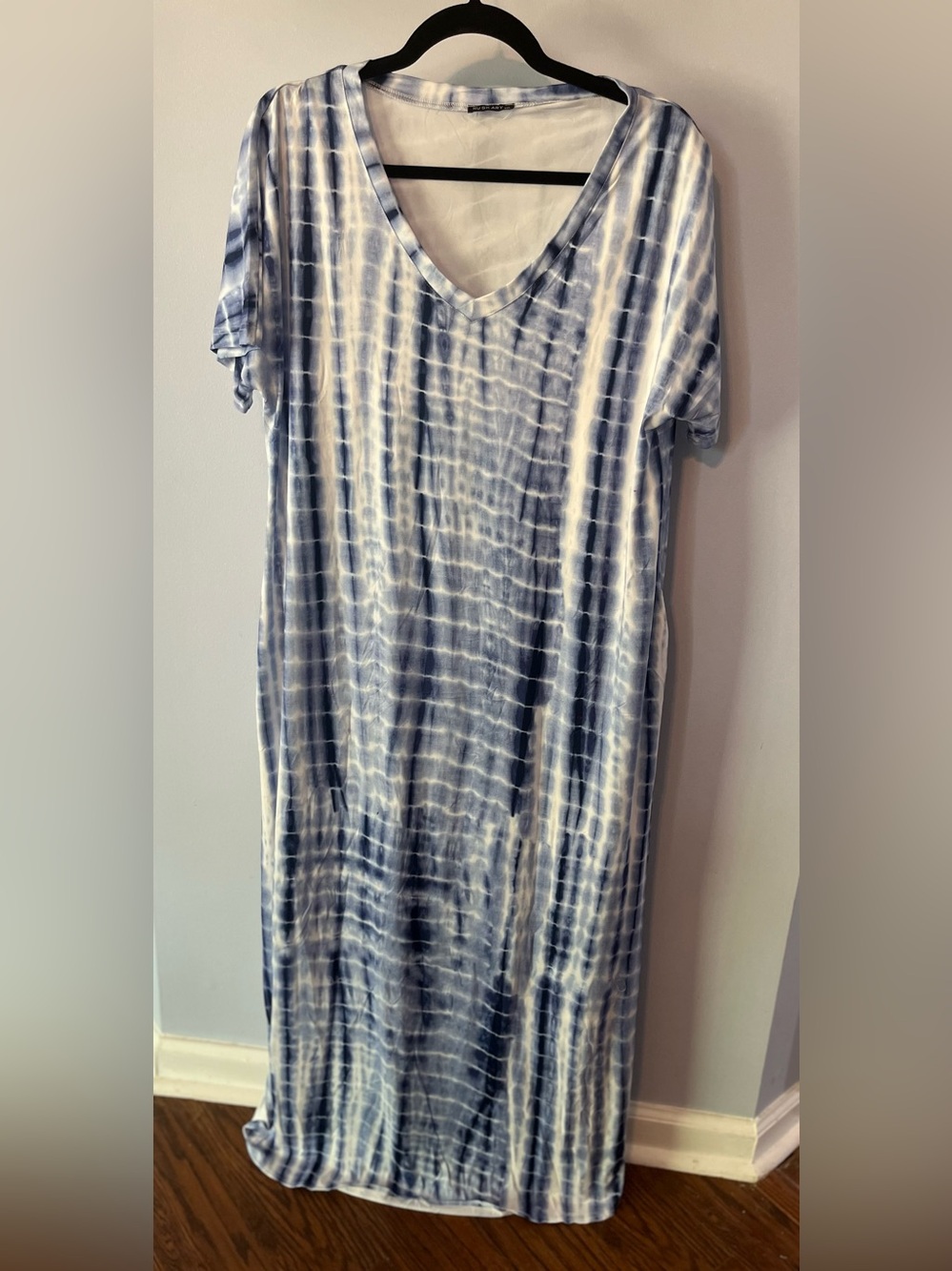 HUSKARY Blue Tie Dye Maxi Dress XXL V Neck Pockets Side Slit Boho
